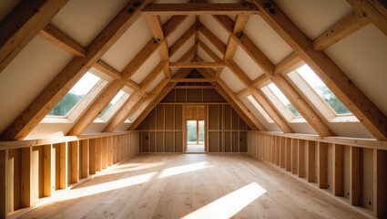 New residential building under construction features an incomplete wooden structure with a wooden truss and post beam framework.