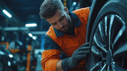 Automotive mechanic inspecting a car tire inside a workshop setting