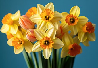 Fototapeta premium Beautiful Flower Arrangement of Yellow Daffodils and Pink Tulips in a Bright Blue Background for Spring and Floral Decor
