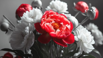 Fresh and fading peony flowers bouquet background. Petals falling. Abstract retro art. Unique and different idea. Photo in black, white, and red tones.