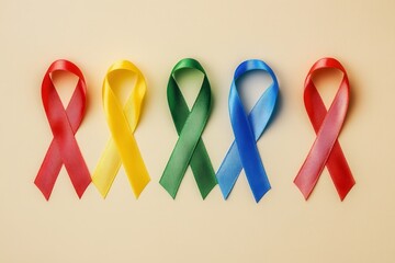 Colorful awareness ribbons lined up on a beige background, representing support and solidarity for various causes.