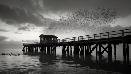 Fototapeta premium Gathering (murmuration) of starlings above the pier, captured in black and white.