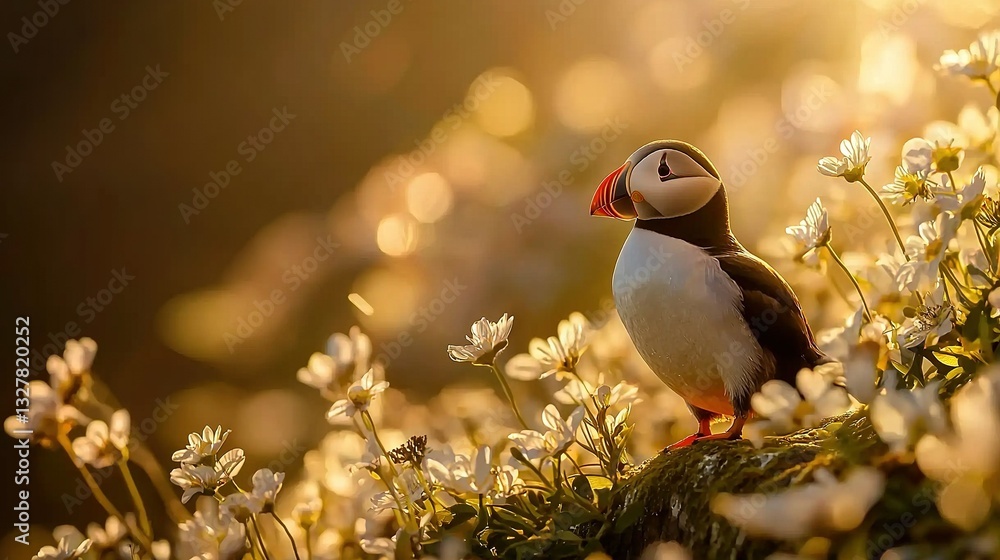Poster bird on a tree branch with flowers in foreground and sunlight in background