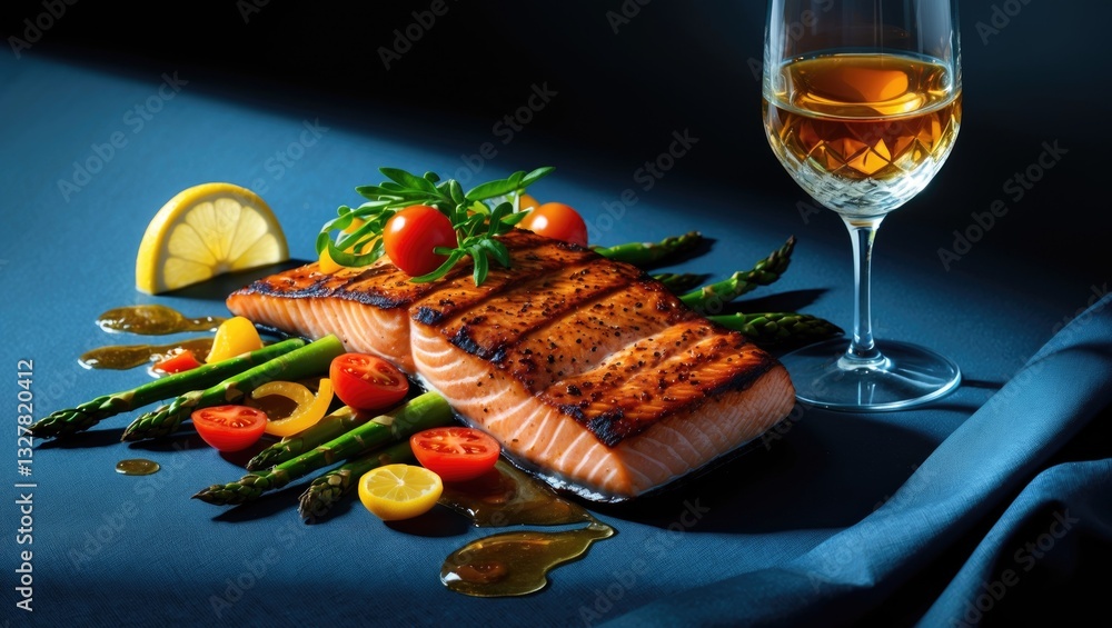 Aufkleber grilled salmon steak with vegetables presented on a plate in a minimalist style, against a monochrom