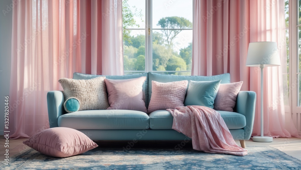 Poster grey sofa with cozy pillows and a lamp beside a large window adorned with pink curtains in the livin