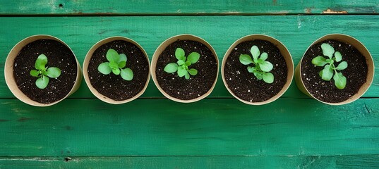 Five potted seedlings lined up on a rustic green wooden surface, showcasing new growth and sustainability.