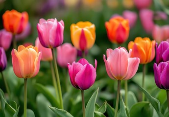 Fototapeta premium Beautiful Garden Scene with Soft Pastel and Vibrant Tulips in Bloom Surrounded by Lush Green Foliage Capturing Spring's Essence and Natural Beauty
