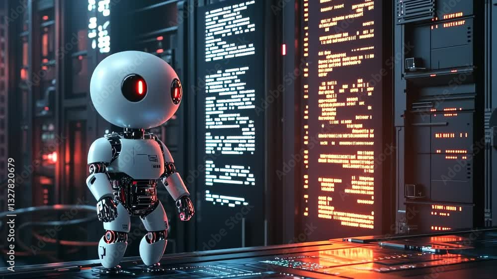 Poster exploring the futuristic world of robots and technology in a digital landscape generative ai