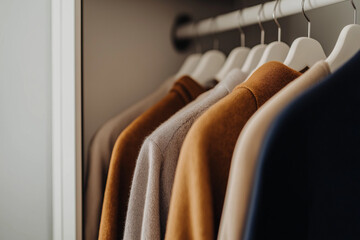 Obraz premium Moderne Kleidung hängt ordentlich an Kleiderstange im minimalistischen Raum