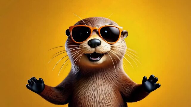 Otter Wearing Sunglasses and Talking on a Yellow Background 