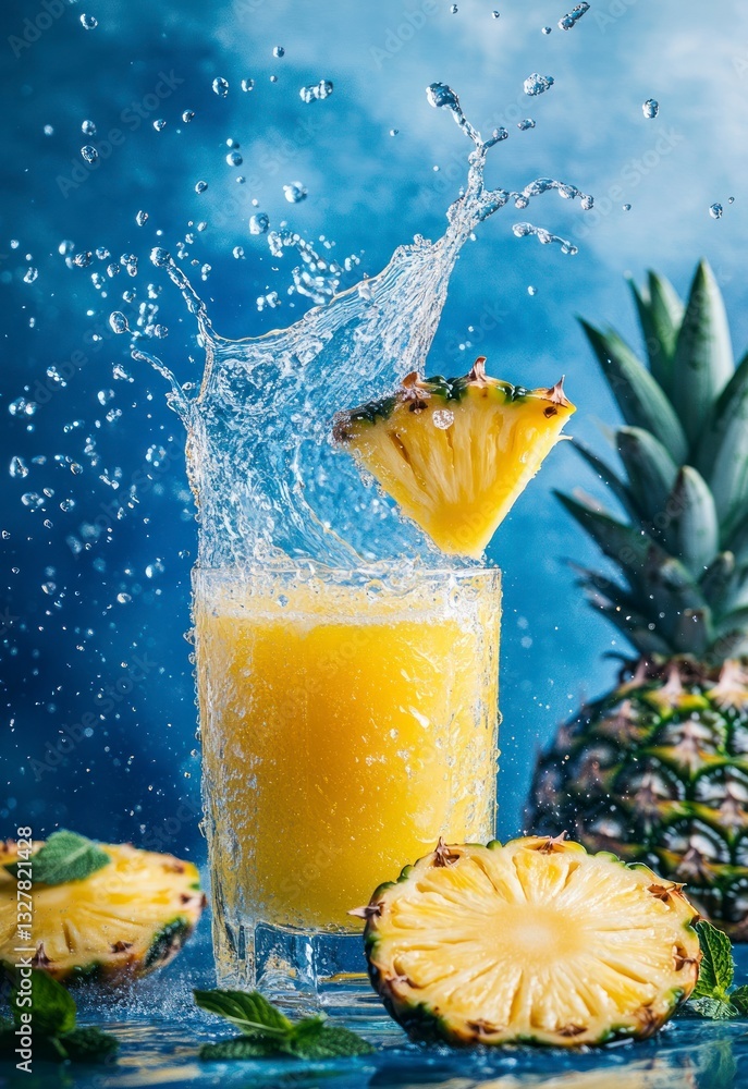 Poster refreshing pineapple juice splashing in glass with sliced fruit display