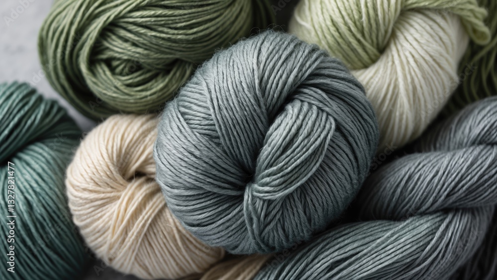 Poster multicolored grey skeins of wool in close-up view. grey wool yarn.