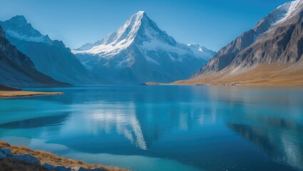 Fototapeta premium Panoramic perspective of the highest mountain and lake in the Alps. The stunning blue hue of the lake results from the ice crystals.
