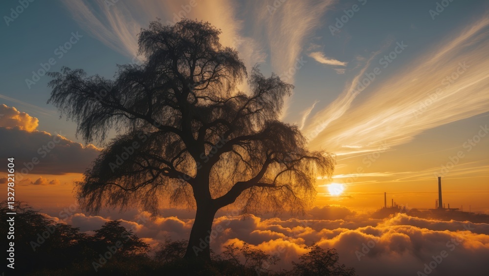 Aufkleber stunning panoramic view of the vibrant sunrise with silver lining and clouds in the sky.