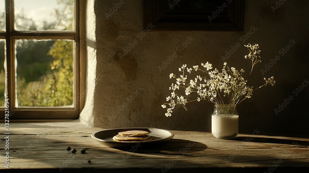 Poster a vase with flowers sits on a table next to cookies, while another vase with flowers rests in front 
