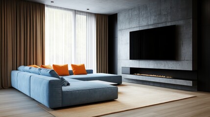 A contemporary living room featuring a soft blue sectional sofa, a modern concrete fireplace, and a sleek black TV mounted on the dark grey wall