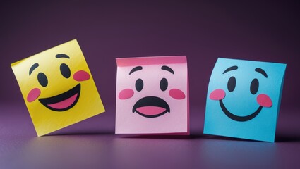 Mind, Mental Health Concept. Three Emoticon Faces displayed on Sticky Notes representing a range from Negative to Positive. From Bored to Smiling Face. Status of Human Emotion.