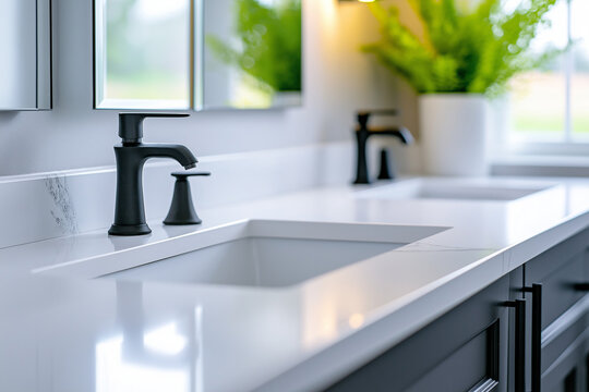 Moderne Badezimmer mit Doppelwaschbecken und Pflanzen auf dem Tisch

