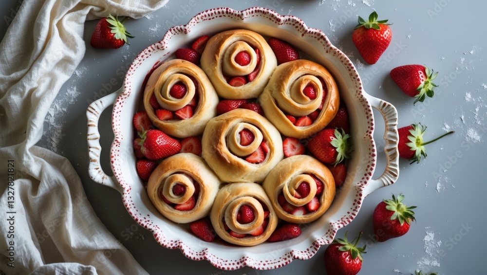 Poster Homemade bun rolls with strawberries in a baking dish on a grey surface.