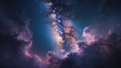 Fototapeta premium Panorama of the Milky Way stars on a dark night. Deep sky in the universe with noise and grain. Long exposure photo with adjusted white balance.