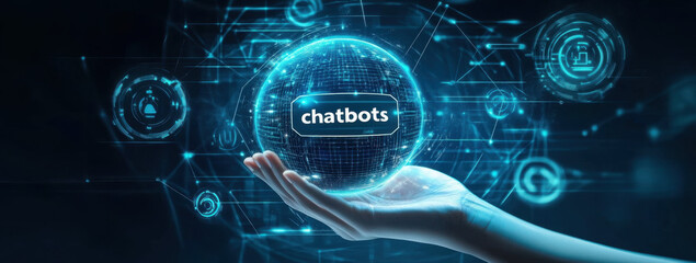 Hand holding chatbot globe with network connecting data. Chatbots are part of digital technology, utilizing artificial intelligence to interact with users, communication across platforms worldwide.