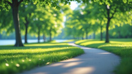 Fototapeta premium Fresh green lawns in the park. Blurred nature bokeh of green trees in the morning.