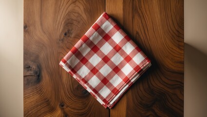 Obraz premium View from above featuring an empty kitchen napkin set against a table background. Folded cloth for mockup with copy space, flat lay. Minimalist style. High-quality photo.