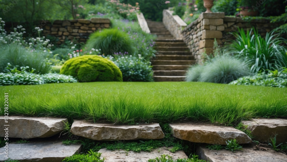 Aufkleber stone pathway in a garden with grass growing between the stones. a close-up of a botanical garden.