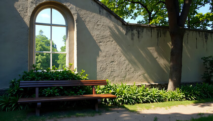 a bench in front of a building with a large window.