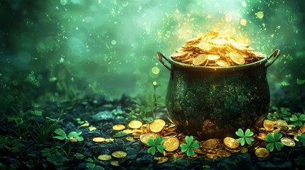 Pot of gold brimming with luminous coins, scattered shamrock leaves around, ethereal green misty background, perfect for St. Patricks Day banners