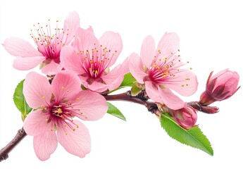 Fototapeta premium Beautiful light pink cherry blossom flowers blooming on a branch with green leaves isolated on a white background showcasing spring's arrival