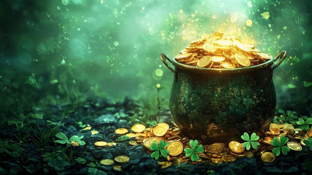 Pot of gold brimming with luminous coins, scattered shamrock leaves around, ethereal green misty background, perfect for St. Patricks Day banners