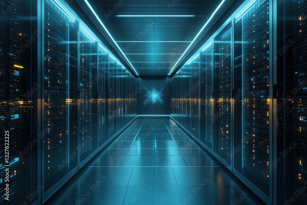 Poster a futuristic data center corridor illuminated by blue and orange lights, showcasing rows of servers,