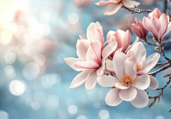 Obraz premium Beautiful magnolia blossoms with soft pink edges and vibrant centers against a dreamy blue and bokeh background, conveying a serene spring atmosphere.