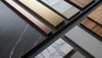 group of interior material samples featuring brushed gold stainless, bronze laminated, stone tile, wooden flooring tile, white marble quartz, and veneer arranged on a black stone table from a top v...