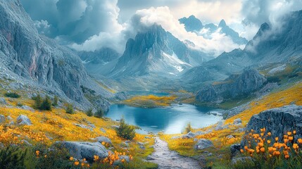 Majestic mountain lake surrounded by wildflowers and dramatic peaks.