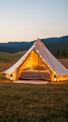 Glamping-Zelt mit Lichtern im Grünen während des Sonnenuntergangs

