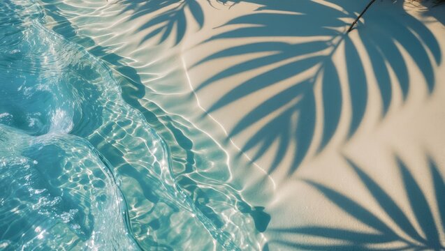 Empty abstract sand beach featuring palm leaf shadows and transparent water waves from above, blank background banner for travel, vacation, and wellbeing with copy space.