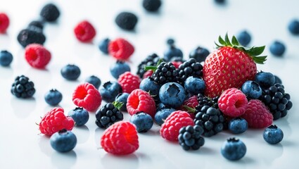 Falling wild berries assortment, strawberry, raspberry, blueberry, blackberry, isolated on a background, clipping path, complete depth of field.
