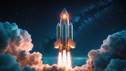 Creative light bulb rocket ignites and ascends into the star-filled sky, accompanied by clouds of smoke. Creative concept, idea. Generation of innovative thoughts and ideas. Science and technology.