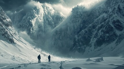 Two people are facing a massive avalanche in mountainous terrain