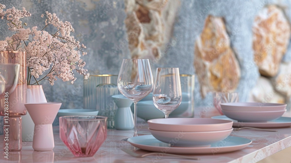 Poster a close-up of a table with plates and bowls on it, featuring flowers in vases behind the plates and 