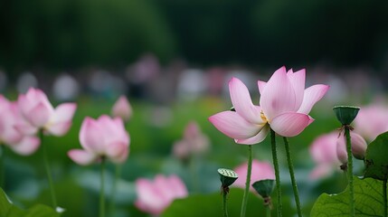 Obraz premium A cluster of pink flowers surrounded by green foliage in the foreground, with a fuzzy backdrop of green leaves