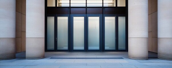 Building entrance featuring large columns and frosted glass doors