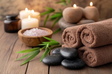 Rolled brown towels, burning candles and massage stones creating cozy spa ambiance