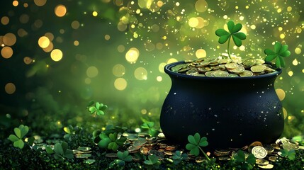 Classic black pot filled with sparkling coins, scattered shamrock leaves over a glowing green backdrop, digital St. Patrick's Day fantasy