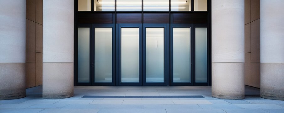 Building entrance featuring large columns and frosted glass doors