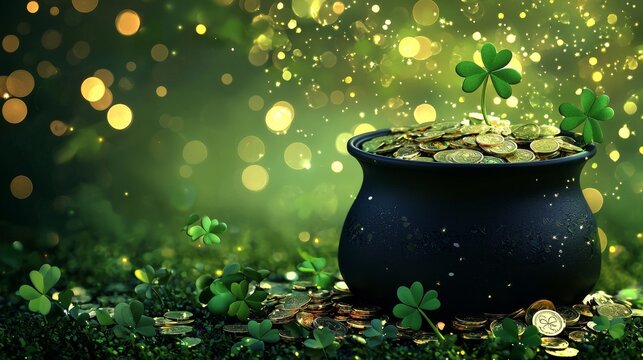 Classic black pot filled with sparkling coins, scattered shamrock leaves over a glowing green backdrop, digital St. Patrick's Day fantasy
