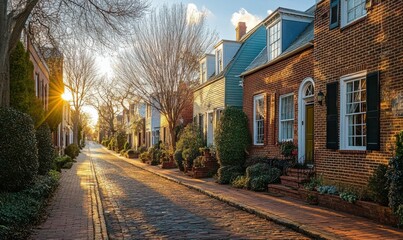 Fototapeta premium Historic street lined with charming brick houses during golden hour