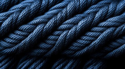 Close-up of interwoven blue rope strands showcasing texture and depth against a dark background